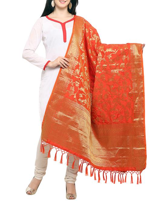 orange silk banarasi dupatta - 14502866 - Very Small Image - 1