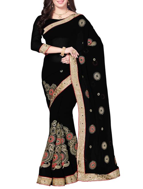 black faux georgette embroidered saree with blouse - 14502908 - Very Small Image - 1
