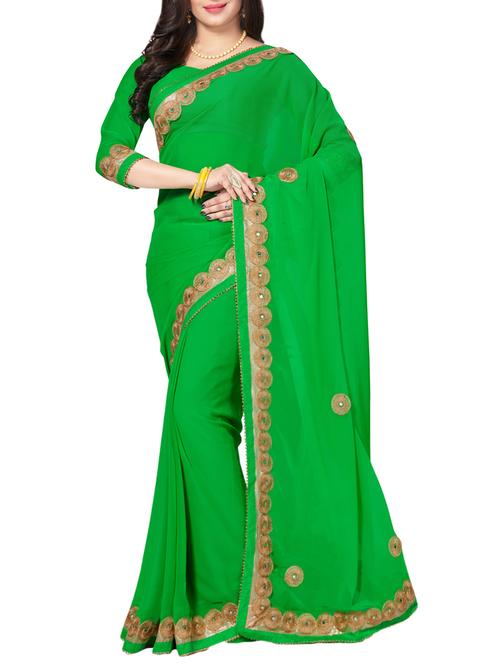 green faux georgette embroidered saree with blouse - 14502914 - Very Small Image - 1