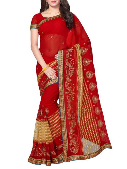red faux georgette embroidered saree with blouse - 14502926 - Very Small Image - 1