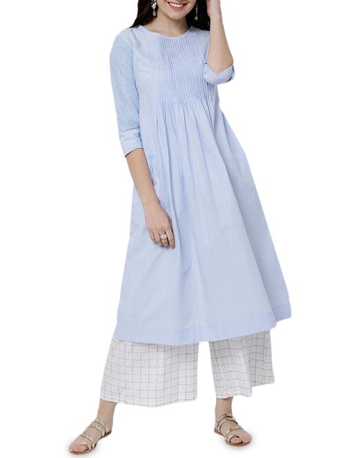 sky blue cotton flared kurta - 14504039 - Very Small Image - 1