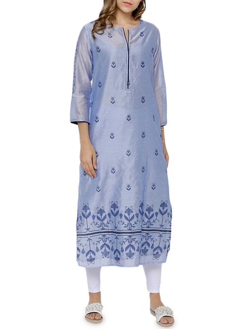 blue cotton blend straight kurta - 14504069 - Very Small Image - 1
