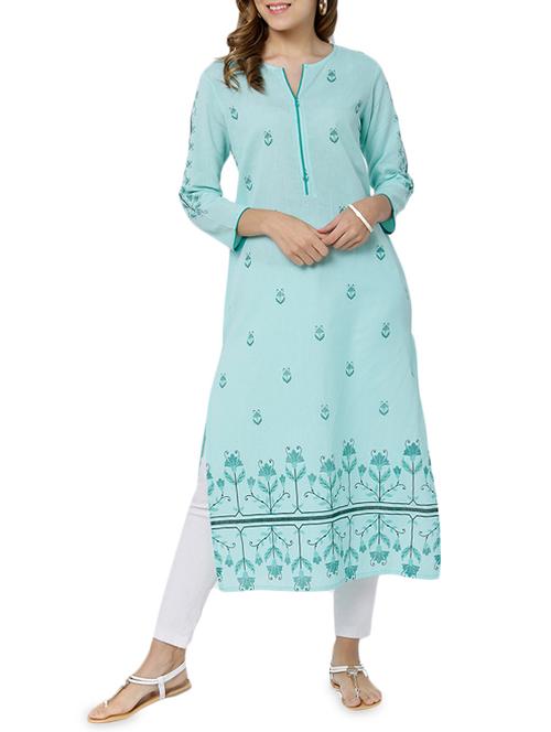 sea green cotton blend straight kurta - 14504071 - Very Small Image - 1