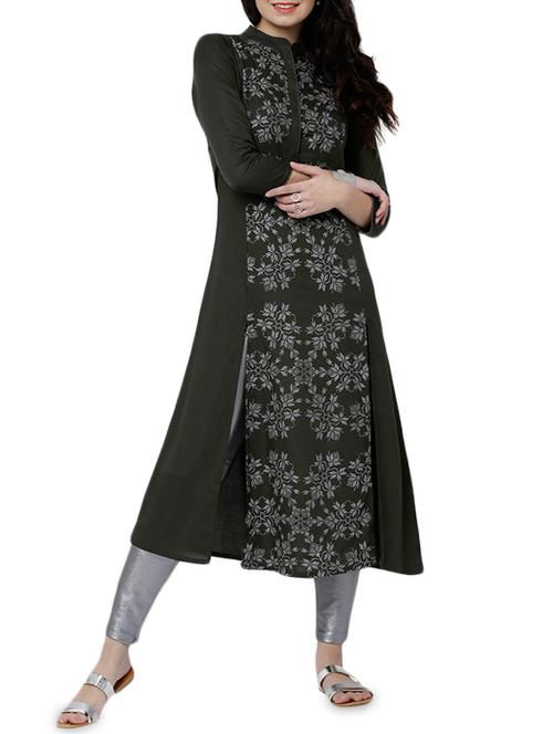 olive green rayon double slit kurta - 14504083 - Very Small Image - 1