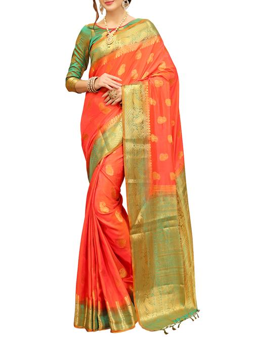 orange silk banarasi saree - 14504104 - Very Small Image - 1