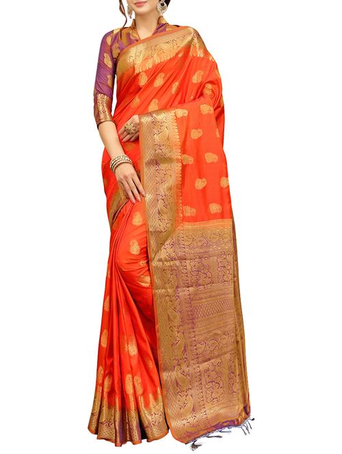 orange silk banarasi saree - 14504105 - Very Small Image - 1