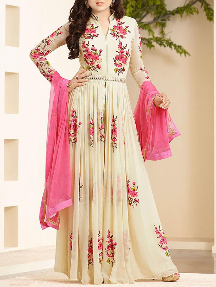 cream georgette semi-stitched suit - 14504157 - Zoom Image - 1