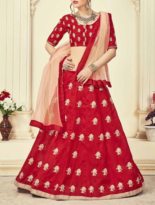 Red silk embroidered panelled lehenga - 14504175 - Standard Image - 1