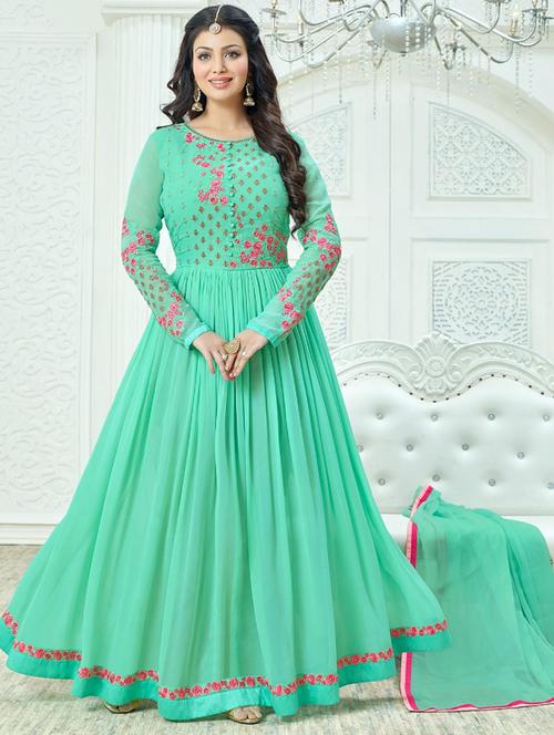 green embroidered flared semi-stitched suit - 14504177 - Standard Image - 1