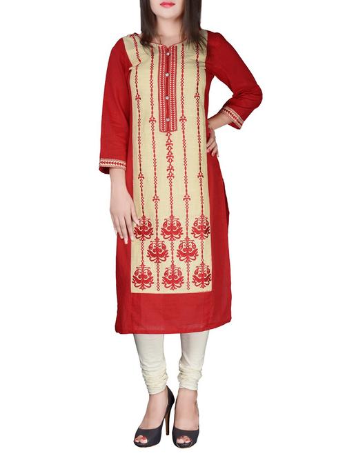 red cotton straight kurta - 14505063 - Very Small Image - 1