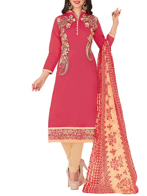 peach chanderi cotton churidaar suit dress material - 14505349 - Very Small Image - 1
