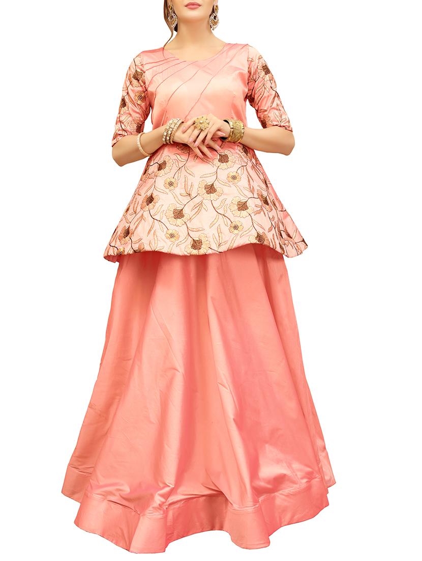 pink silk blend fit & flare semi-stitched gown