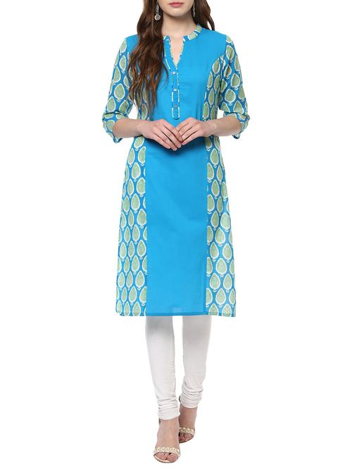 sky blue cotton straight kurta - 14506180 - Standard Image - 1