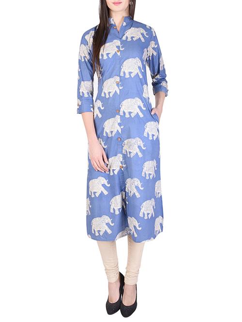 sky blue cotton a-line kurta - 14506229 - Very Small Image - 1