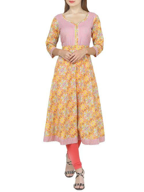 orange cotton flared kurta - 14506419 - Very Small Image - 1