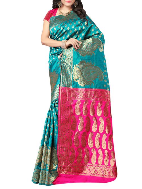 Turquoise banarasi saree with blouse - 14506543 - Very Small Image - 1