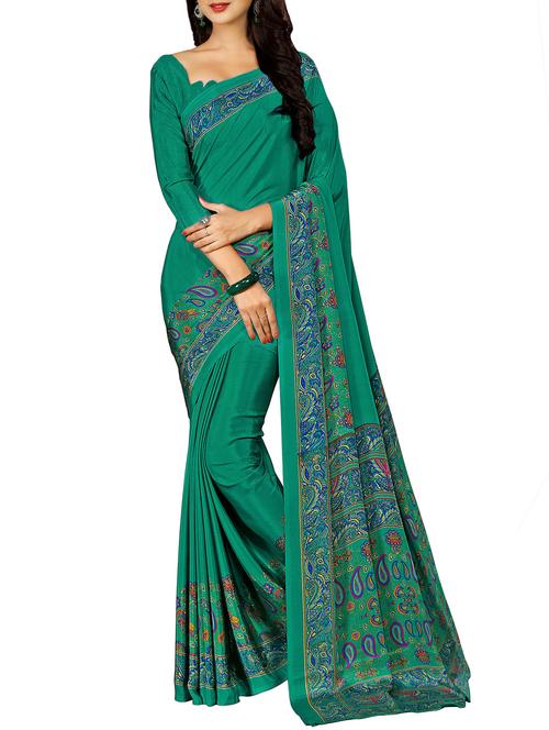 green crepe printed saree - 14507068 - Very Small Image - 1