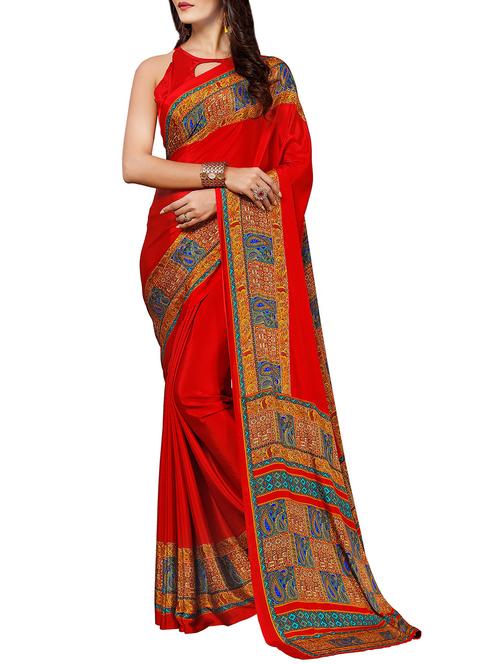 red crepe printed bordered saree - 14507074 - Very Small Image - 1