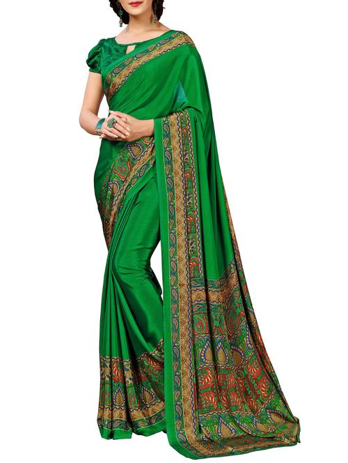 green crepe printed bordered saree - 14507082 - Very Small Image - 1