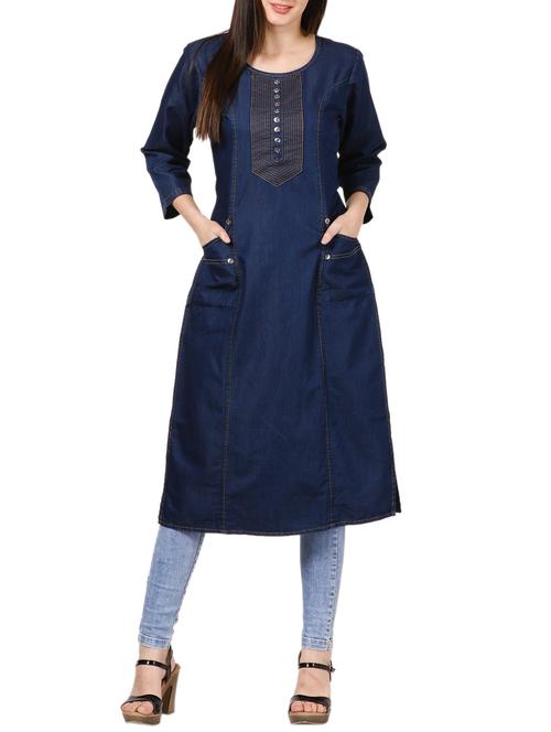 blue denim straight kurta - 14507100 - Very Small Image - 1