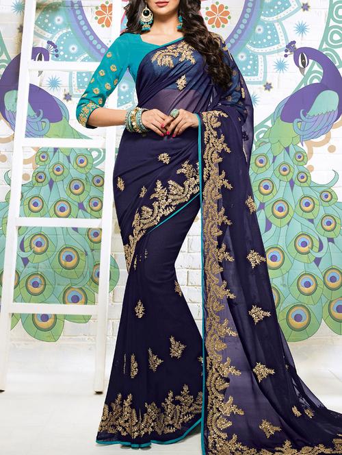 blue georgette embroidered saree with blouse - 14509489 - Very Small Image - 1