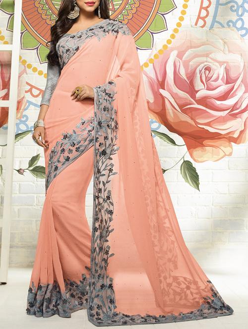peach crepe embroidered saree with blouse - 14509491 - Very Small Image - 1