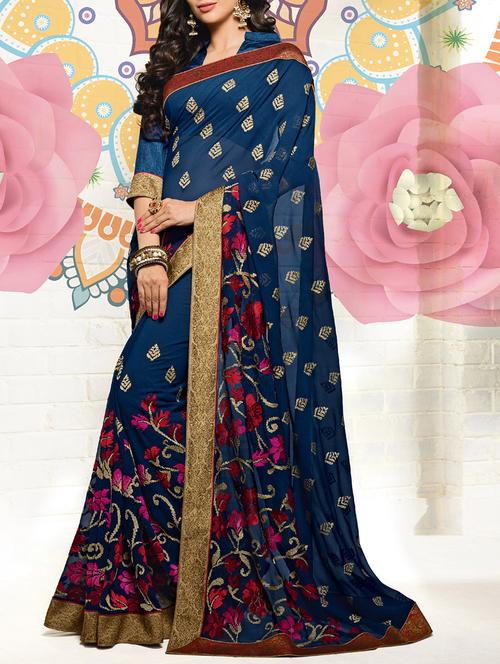 blue georgette embroidered saree with blouse - 14509494 - Very Small Image - 1