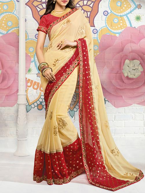 cream crepe embroidered saree with blouse - 14509496 - Very Small Image - 1