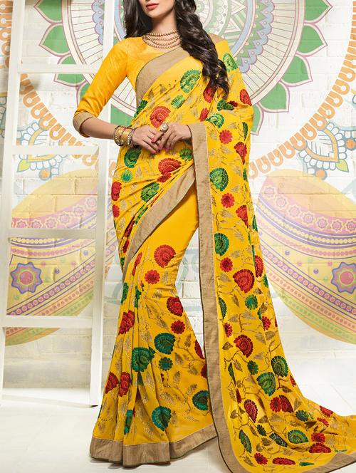 yellow georgette embroidered saree with blouse - 14509501 - Very Small Image - 1