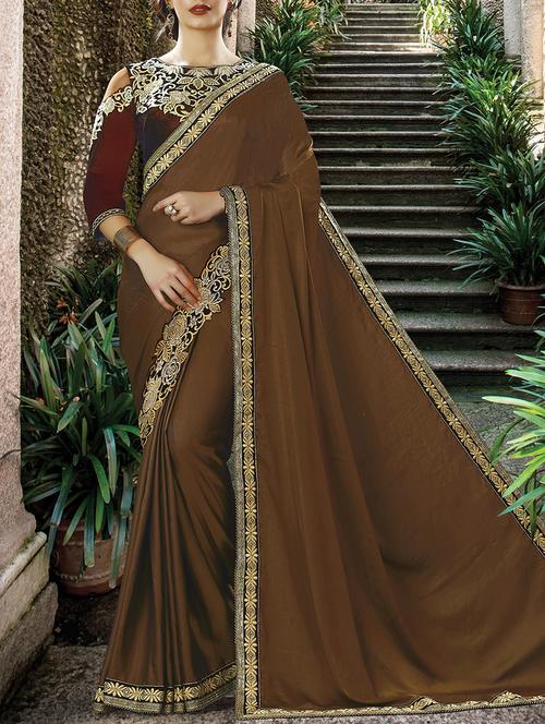 brown bordered saree with blouse - 14509506 - Very Small Image - 1