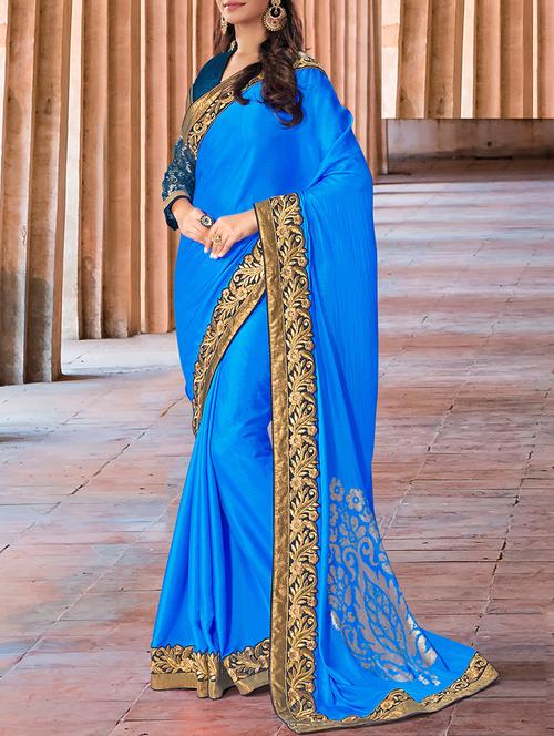 blue bordered saree with blouse - 14509536 - Very Small Image - 1