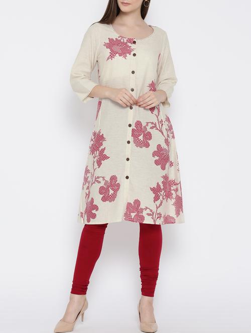 Cream cotton a-line kurta - 14509752 - Very Small Image - 1