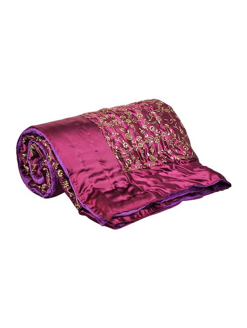 Purple & Golden Floral Print Single Bed Quilt - 14509799 - Very Small Image - 1