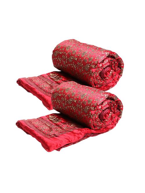 Red & Golden Floral Print Single Bed Quilt- (Set of 2) - 14509806 - Very Small Image - 1