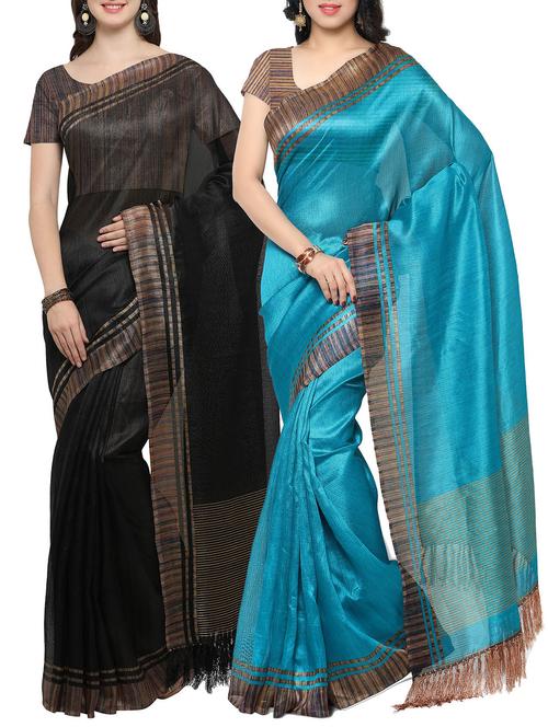 Set of 2 Multicolored tussar silk bordered saree with blouse - 14509810 - Very Small Image - 1