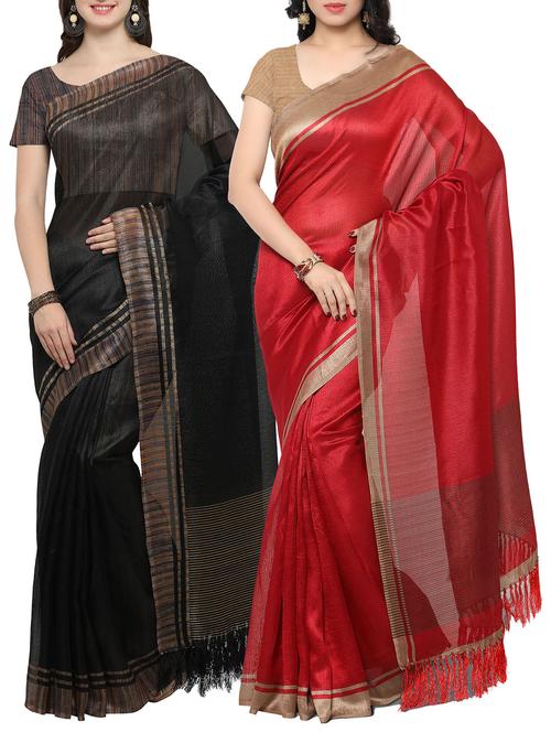 Set of 2 Multicolored tussar silk bordered saree with blouse - 14509811 - Standard Image - 1
