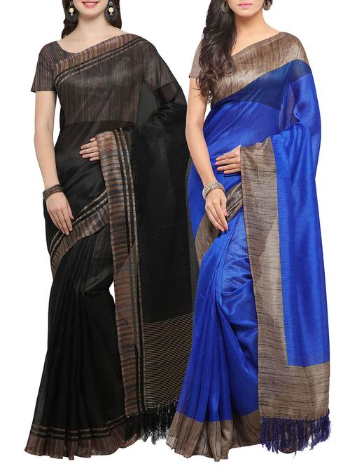 Set of 2 Multicolored tussar silk bordered saree with blouse - 14509813 - Standard Image - 1