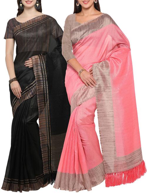 Set of 2 Multicolored tussar silk bordered saree with blouse - 14509818 - Very Small Image - 1