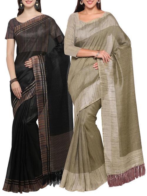 Set of 2 Multicolored tussar silk bordered saree with blouse - 14509819 - Standard Image - 1