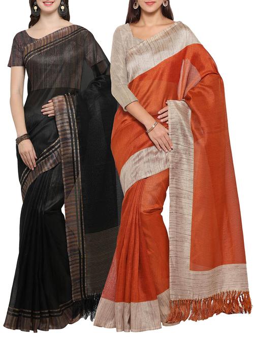 Set of 2 Multicolored tussar silk bordered saree with blouse - 14509820 - Standard Image - 1