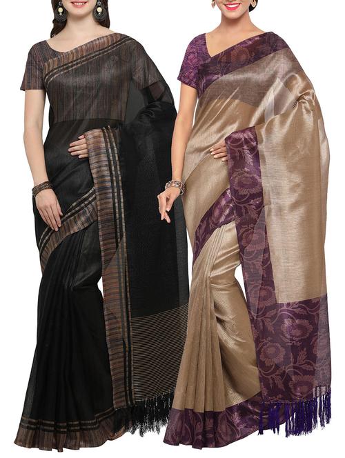 Set of 2 Multicolored tussar silk bordered saree with blouse - 14509830 - Standard Image - 1