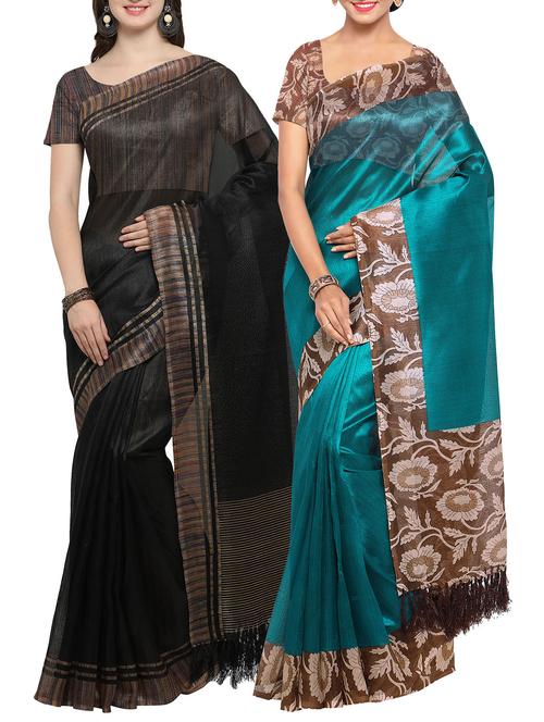 Set of 2 Multicolored tussar silk bordered saree with blouse - 14509837 - Very Small Image - 1