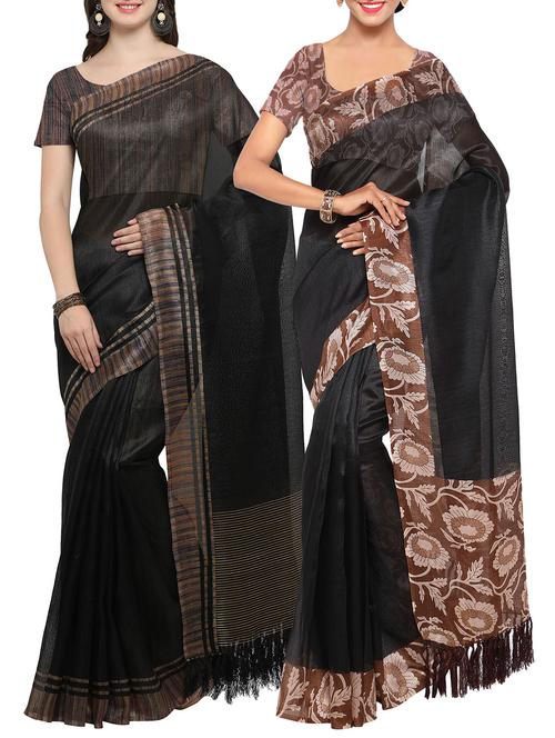 Set of 2 black tussar silk bordered saree with blouse - 14509838 - Standard Image - 1