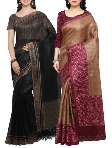 Set of 2 Multicolored tussar silk bordered saree with blouse - 14509842 - Very Small Image - 1