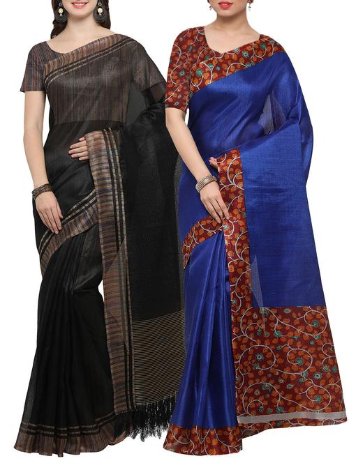 Set of 2 Multicolored tussar silk bordered saree with blouse - 14509849 - Standard Image - 1