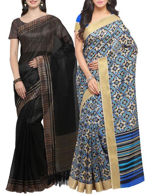 Set of 2 Multicolored tussar silk bordered saree with blouse - 14509851 - Very Small Image - 1