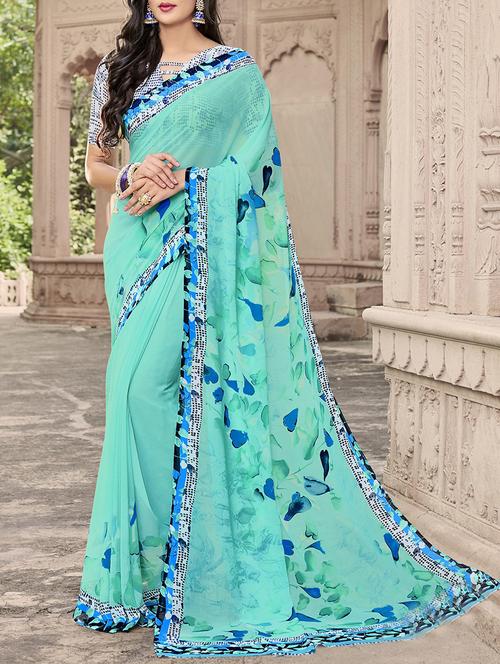 turquoise printed saree - 14509881 - Very Small Image - 1