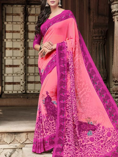 peach printed saree - 14509886 - Very Small Image - 1