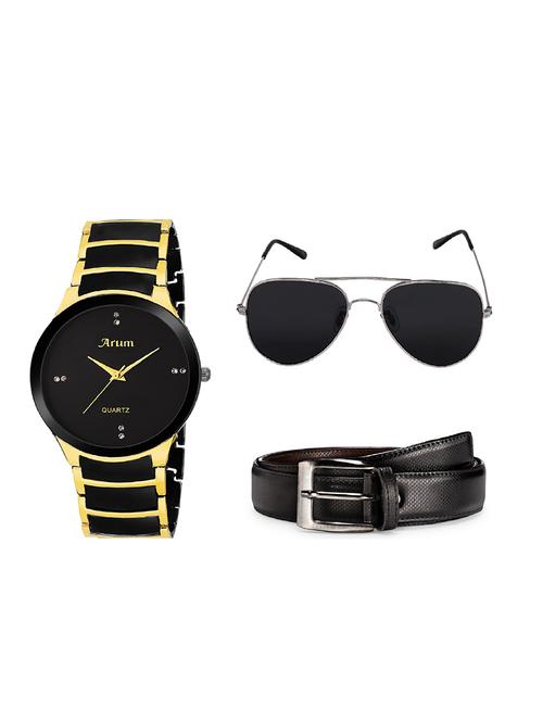 Arum New Analog Black & Golden Watch with black sunglass,belt - 14509959 - Very Small Image - 1