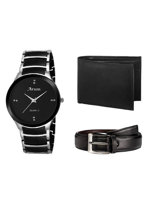 Arum New Stylish Black &Silver Watch with black wallet ,belt - 14509970 - Very Small Image - 1